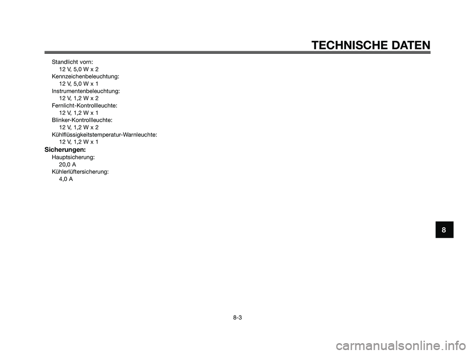 YAMAHA MAJESTY 125 2009  Betriebsanleitungen (in German) Standlicht vorn:
12 V, 5,0 W x 2
Kennzeichenbeleuchtung:
12 V, 5,0 W x 1
Instrumentenbeleuchtung:
12 V, 1,2 W x 2
Fernlicht-Kontrollleuchte:
12 V, 1,2 W x 1
Blinker-Kontrollleuchte:
12 V, 1,2 W x 2
K�
