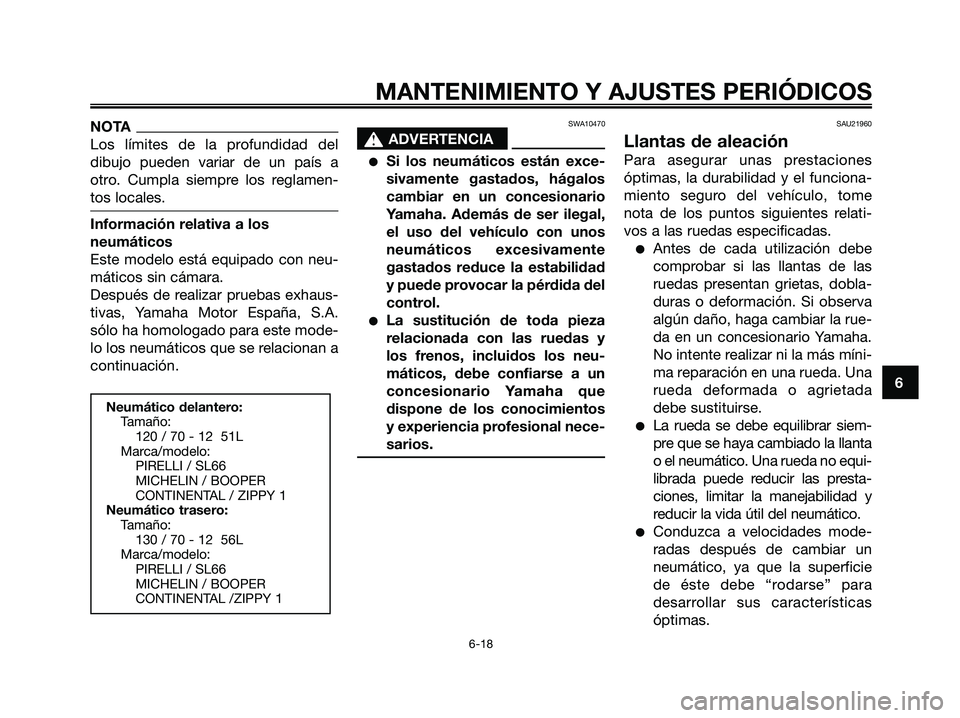 YAMAHA MAJESTY 125 2009 Manuale de Empleo (in Spanish) NOTA
Los límites de la profundidad del
dibujo pueden variar de un país a
otro. Cumpla siempre los reglamen-
tos locales.
Información relativa a los
neumáticos
Este modelo está equipado con neu-
m YAMAHA MAJESTY 125 2009 Manuale de Empleo (in Spanish) NOTA
Los límites de la profundidad del
dibujo pueden variar de un país a
otro. Cumpla siempre los reglamen-
tos locales.
Información relativa a los
neumáticos
Este modelo está equipado con neu-
m