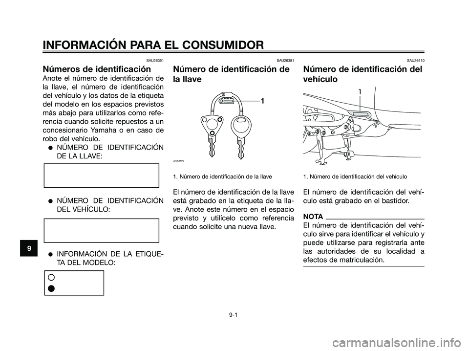 YAMAHA MAJESTY 125 2009 Manuale de Empleo (in Spanish) SAU26351
Números de identificación
Anote el número de identificación de
la llave, el número de identificación
del vehículo y los datos de la etiqueta
del modelo en los espacios previstos
más a YAMAHA MAJESTY 125 2009 Manuale de Empleo (in Spanish) SAU26351
Números de identificación
Anote el número de identificación de
la llave, el número de identificación
del vehículo y los datos de la etiqueta
del modelo en los espacios previstos
más a