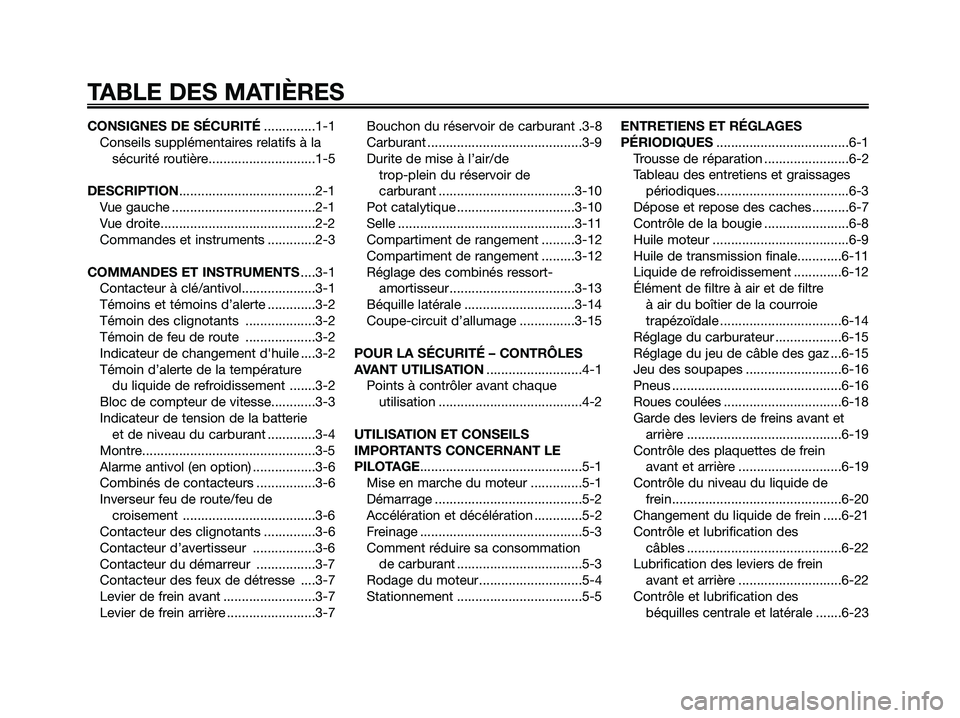 YAMAHA MAJESTY 125 2009 Notices Demploi (in French) CONSIGNES DE SÉCURITÉ..............1-1
Conseils supplémentaires relatifs à la
sécurité routière.............................1-5
DESCRIPTION.....................................2-1
Vue gauche .. YAMAHA MAJESTY 125 2009 Notices Demploi (in French) CONSIGNES DE SÉCURITÉ..............1-1
Conseils supplémentaires relatifs à la
sécurité routière.............................1-5
DESCRIPTION.....................................2-1
Vue gauche ..