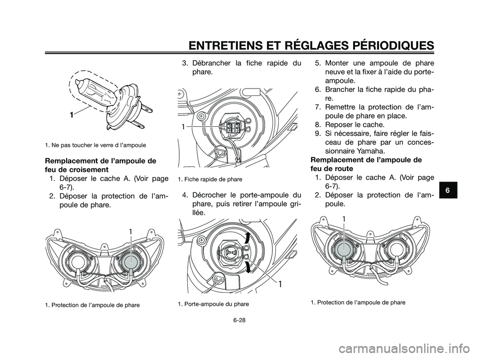 YAMAHA MAJESTY 125 2009 Notices Demploi (in French) 1. Ne pas toucher le verre d l’ampoule
Remplacement de l’ampoule de
feu de croisement
1. Déposer le cache A. (Voir page
6-7).
2. Déposer la protection de l’am-
poule de phare.
1. Protection d YAMAHA MAJESTY 125 2009 Notices Demploi (in French) 1. Ne pas toucher le verre d l’ampoule
Remplacement de l’ampoule de
feu de croisement
1. Déposer le cache A. (Voir page
6-7).
2. Déposer la protection de l’am-
poule de phare.
1. Protection d