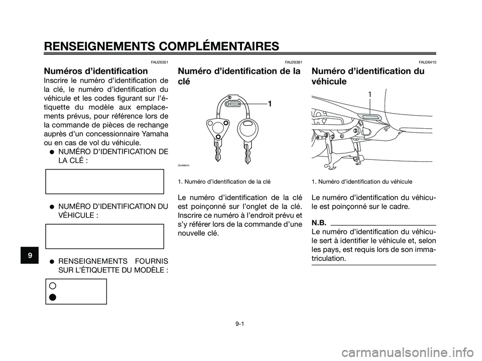 YAMAHA MAJESTY 125 2009 Notices Demploi (in French) FAU26351
Numéros d’identification
Inscrire le numéro d’identification de
la clé, le numéro d’identification du
véhicule et les codes figurant sur l’é-
tiquette du modèle aux emplace-
me YAMAHA MAJESTY 125 2009 Notices Demploi (in French) FAU26351
Numéros d’identification
Inscrire le numéro d’identification de
la clé, le numéro d’identification du
véhicule et les codes figurant sur l’é-
tiquette du modèle aux emplace-
me