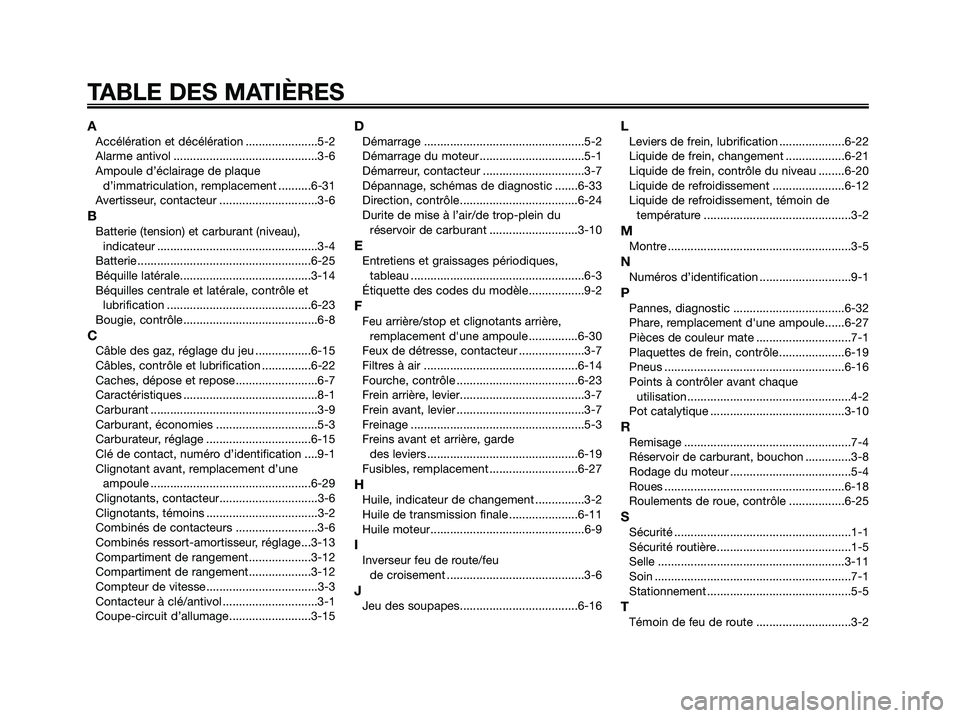 YAMAHA MAJESTY 125 2009 Notices Demploi (in French) AAccélération et décélération ......................5-2
Alarme antivol ............................................3-6
Ampoule d’éclairage de plaque
d’immatriculation, remplacement ......... YAMAHA MAJESTY 125 2009 Notices Demploi (in French) AAccélération et décélération ......................5-2
Alarme antivol ............................................3-6
Ampoule d’éclairage de plaque
d’immatriculation, remplacement .........
