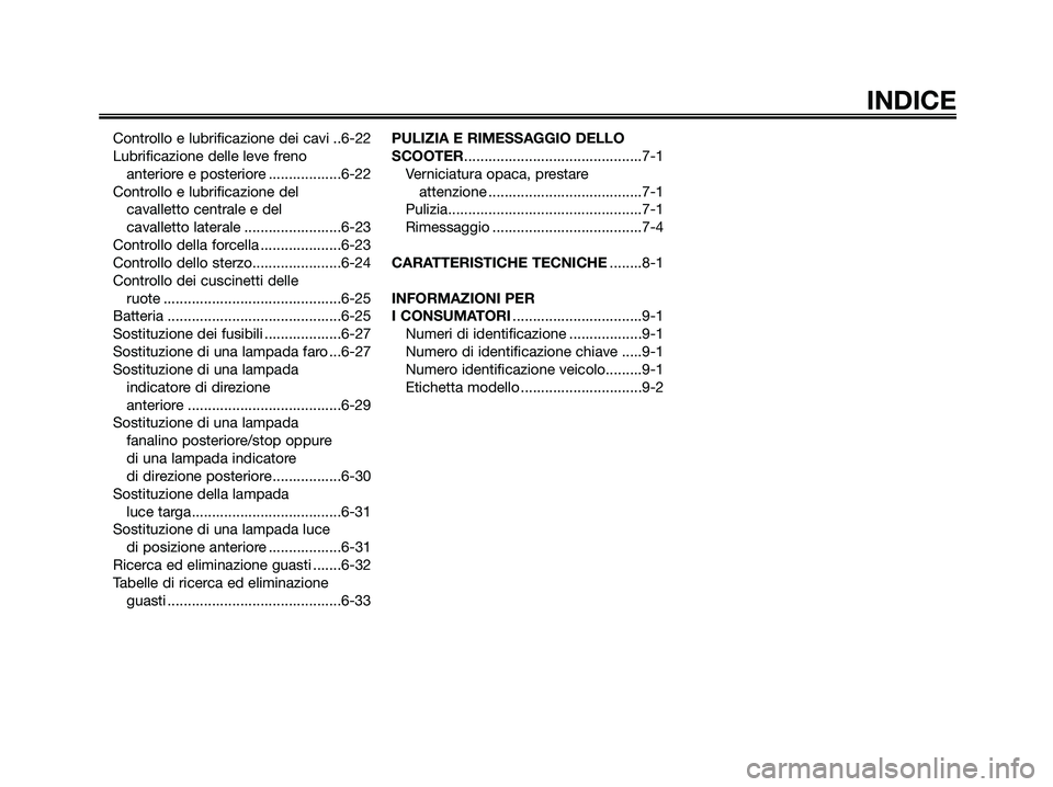YAMAHA MAJESTY 125 2009  Manuale duso (in Italian) Controllo e lubrificazione dei cavi ..6-22
Lubrificazione delle leve freno 
anteriore e posteriore ..................6-22
Controllo e lubrificazione del 
cavalletto centrale e del 
cavalletto laterale
