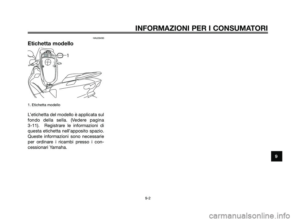 YAMAHA MAJESTY 125 2009 Manuale duso (in Italian) HAU26490
Etichetta modello
1. Etichetta modello
L’etichetta del modello è applicata sul
fondo della sella. (Vedere pagina
3-11). Registrare le informazioni di
questa etichetta nell’apposito spa YAMAHA MAJESTY 125 2009 Manuale duso (in Italian) HAU26490
Etichetta modello
1. Etichetta modello
L’etichetta del modello è applicata sul
fondo della sella. (Vedere pagina
3-11). Registrare le informazioni di
questa etichetta nell’apposito spa