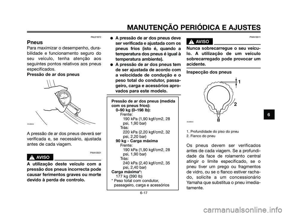 YAMAHA MAJESTY 125 2009 Manual de utilização (in Portuguese)
PAU21872
Pneus
Para maximizar o desempenho, dura-
bilidade e funcionamento seguro do
seu veículo, tenha atenção aos
seguintes pontos relativos aos pneus
especificados.
Pressão de ar dos pneus
A p YAMAHA MAJESTY 125 2009 Manual de utilização (in Portuguese)
PAU21872
Pneus
Para maximizar o desempenho, dura-
bilidade e funcionamento seguro do
seu veículo, tenha atenção aos
seguintes pontos relativos aos pneus
especificados.
Pressão de ar dos pneus
A p