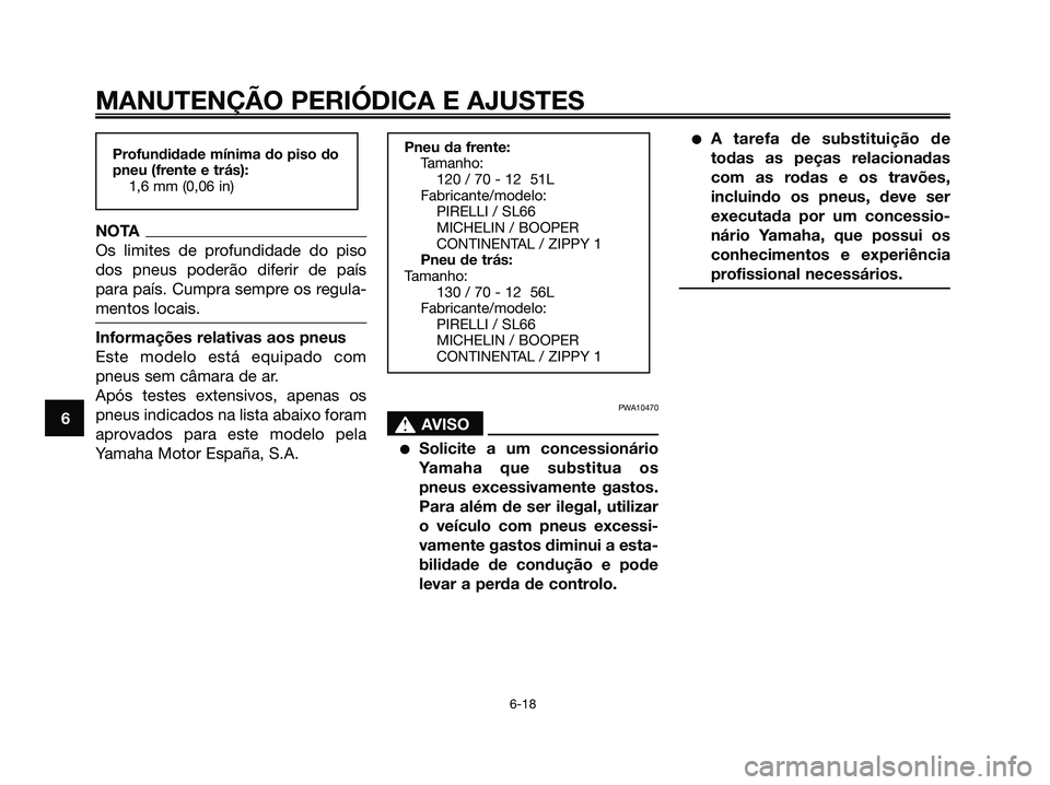 YAMAHA MAJESTY 125 2009 Manual de utilização (in Portuguese)
NOTA
Os limites de profundidade do piso
dos pneus poderão diferir de país
para país. Cumpra sempre os regula-
mentos locais.
Informações relativas aos pneus
Este modelo está equipado com
pneus YAMAHA MAJESTY 125 2009 Manual de utilização (in Portuguese)
NOTA
Os limites de profundidade do piso
dos pneus poderão diferir de país
para país. Cumpra sempre os regula-
mentos locais.
Informações relativas aos pneus
Este modelo está equipado com
pneus
