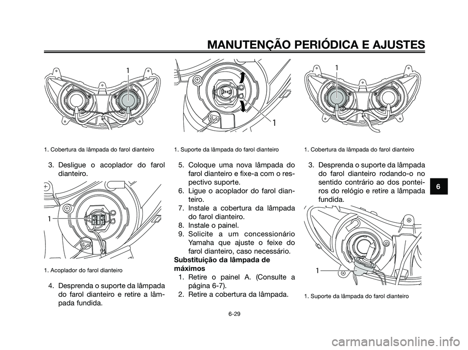 YAMAHA MAJESTY 125 2009 Manual de utilização (in Portuguese)
1. Cobertura da lâmpada do farol dianteiro
3. Desligue o acoplador do faroldianteiro.
1. Acoplador do farol dianteiro
4. Desprenda o suporte da lâmpadado farol dianteiro e retire a lâm-
pada fundi YAMAHA MAJESTY 125 2009 Manual de utilização (in Portuguese)
1. Cobertura da lâmpada do farol dianteiro
3. Desligue o acoplador do faroldianteiro.
1. Acoplador do farol dianteiro
4. Desprenda o suporte da lâmpadado farol dianteiro e retire a lâm-
pada fundi