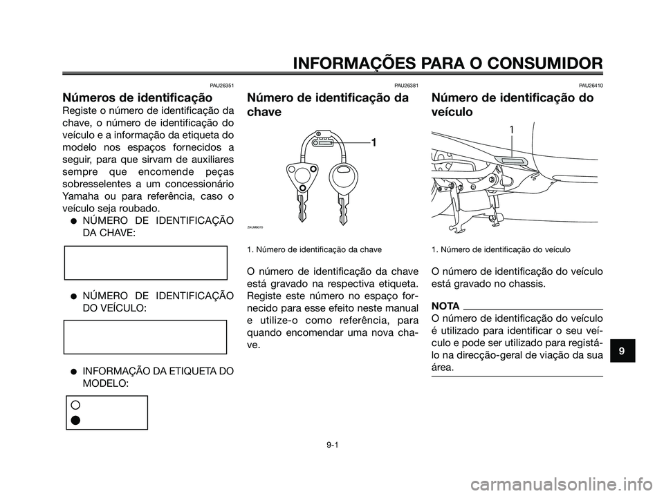 YAMAHA MAJESTY 125 2009 Manual de utilização (in Portuguese)
PAU26351
Números de identificação
Registe o número de identificação da
chave, o número de identificação do
veículo e a informação da etiqueta do
modelo nos espaços fornecidos a
seguir, p YAMAHA MAJESTY 125 2009 Manual de utilização (in Portuguese)
PAU26351
Números de identificação
Registe o número de identificação da
chave, o número de identificação do
veículo e a informação da etiqueta do
modelo nos espaços fornecidos a
seguir, p