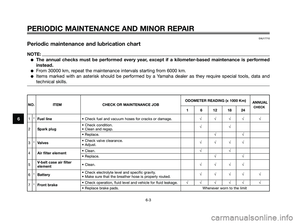 YAMAHA MAJESTY 125 2008 Owners Guide EAU17710
Periodic maintenance and lubrication chart
NOTE:
The annual checks must be performed every year, except if a kilometer-based maintenance is performed
instead.
From 30000 km, repeat the main