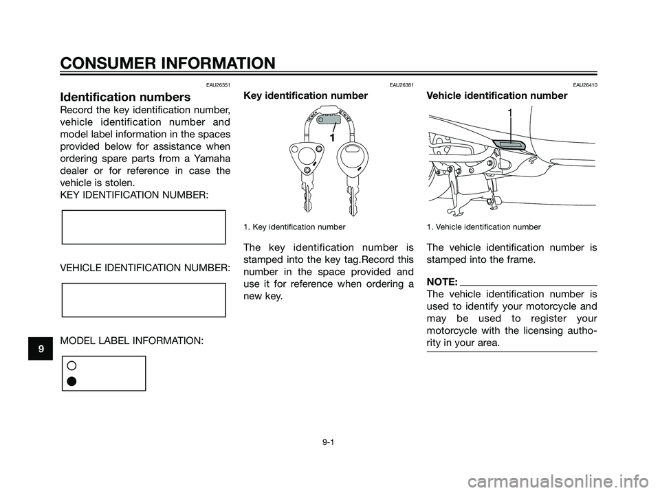 YAMAHA MAJESTY 125 2008 Manual PDF EAU26351
Identification numbers
Record the key identification number,
vehicle identification number and
model label information in the spaces
provided below for assistance when
ordering spare parts fr