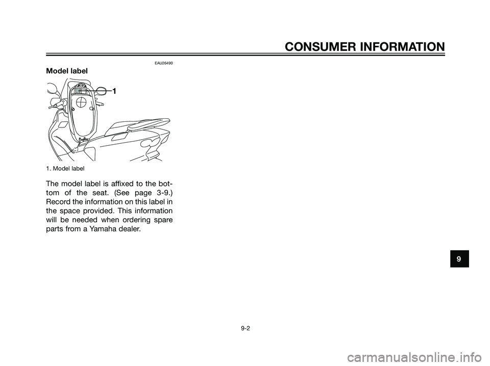 YAMAHA MAJESTY 125 2008 Manual PDF EAU26490
Model label
1. Model label
The model label is affixed to the bot-
tom of the seat. (See page 3-9.)
Record the information on this label in
the space provided. This information
will be needed 