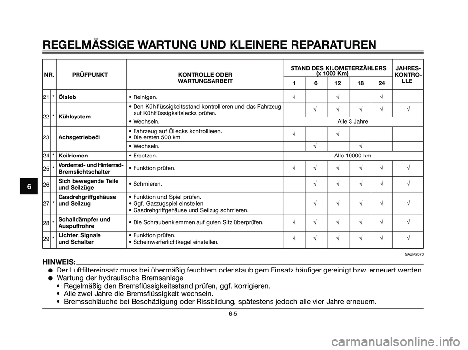 YAMAHA MAJESTY 125 2007  Manuale de Empleo (in Spanish) 6
REGELMÄSSIGE WARTUNG UND KLEINERE REPARATUREN
STAND DES KILOMETERZÄHLERS  JAHRES-
NR. PRÜFPUNKT KONTROLLE ODER(x 1000 Km)
KONTRO-
WARTUNGSARBEIT
1 6 12 18 24LLE
21 *Ölsieb• Reinigen.√√√
