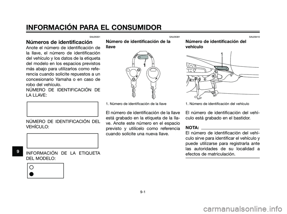 YAMAHA MAJESTY 125 2008  Manuale de Empleo (in Spanish) SAU26351
Números de identificación
Anote el número de identificación de
la llave, el número de identificación
del vehículo y los datos de la etiqueta
del modelo en los espacios previstos
más a