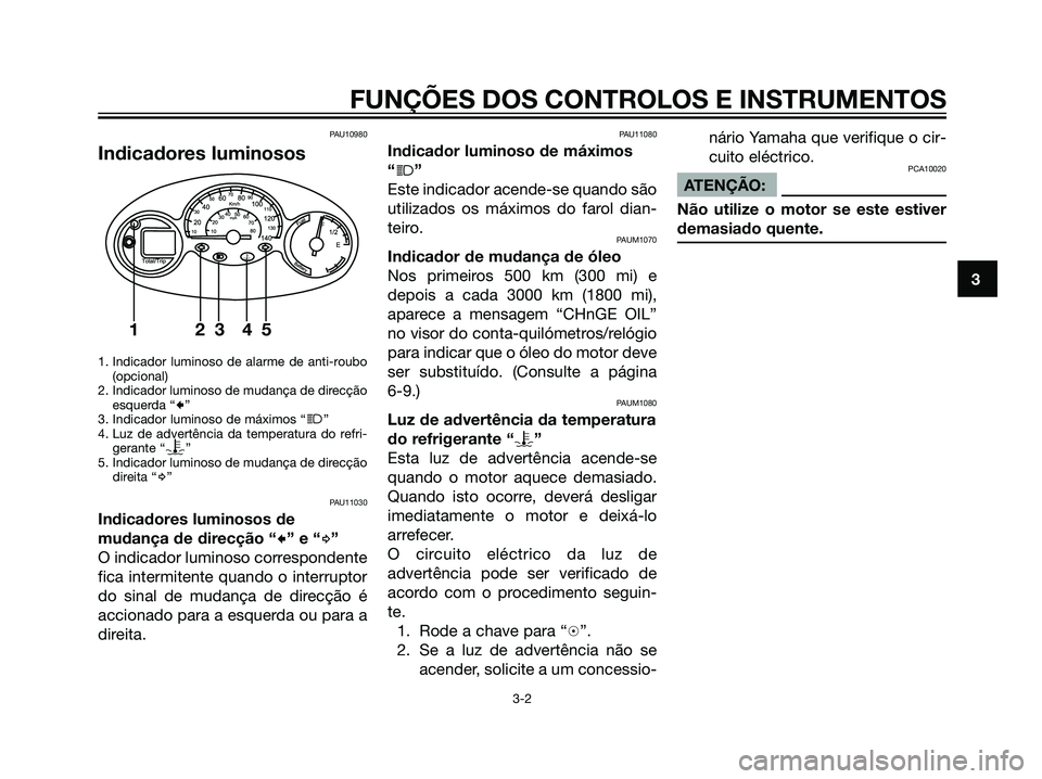 YAMAHA MAJESTY 125 2008  Manual de utilização (in Portuguese) PAU10980
Indicadores luminosos
1. Indicador luminoso de alarme de anti-roubo
(opcional)
2. Indicador luminoso de mudança de direcção
esquerda “
c”
3. Indicador luminoso de máximos “j”
4. L