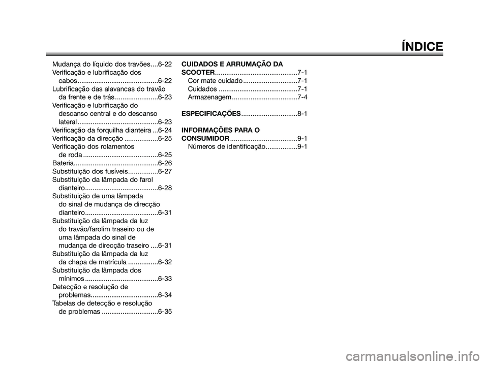 YAMAHA MAJESTY 125 2008  Manual de utilização (in Portuguese) Mudança do líquido dos travões ....6-22
Verificação e lubrificação dos 
cabos ...........................................6-22
Lubrificação das alavancas do travão
da frente e de trás ......