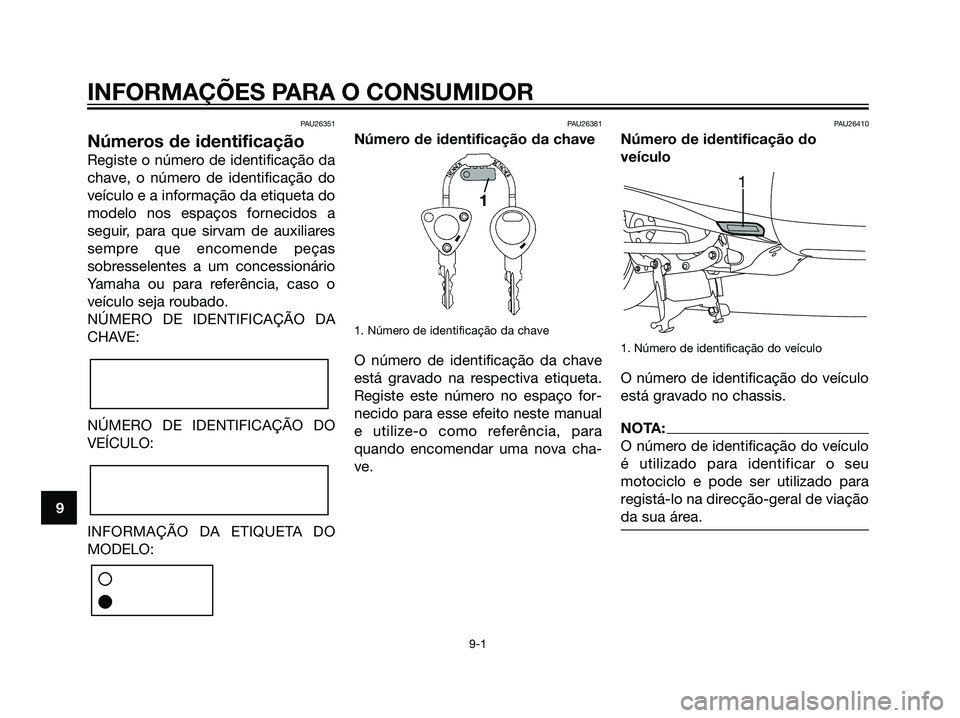 YAMAHA MAJESTY 125 2008  Manual de utilização (in Portuguese) PAU26351
Números de identificação
Registe o número de identificação da
chave, o número de identificação do
veículo e a informação da etiqueta do
modelo nos espaços fornecidos a
seguir, pa