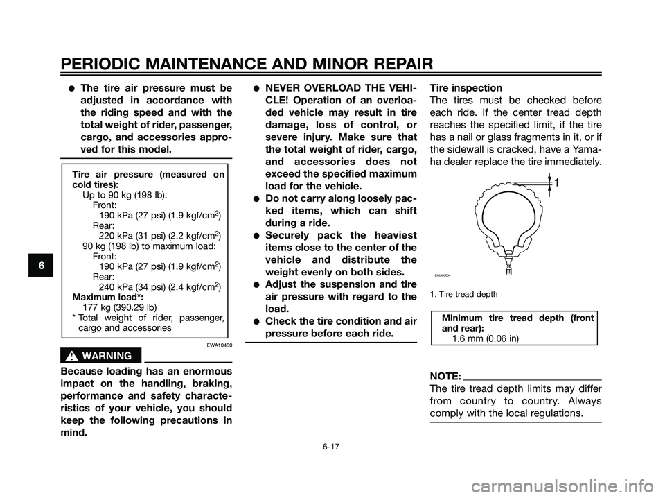 YAMAHA MAJESTY 125 2007  Owners Manual The tire air pressure must be
adjusted in accordance with
the riding speed and with the
total weight of rider, passenger,
cargo, and accessories appro-
ved for this model.
EWA10450
s s
WARNING
Becaus