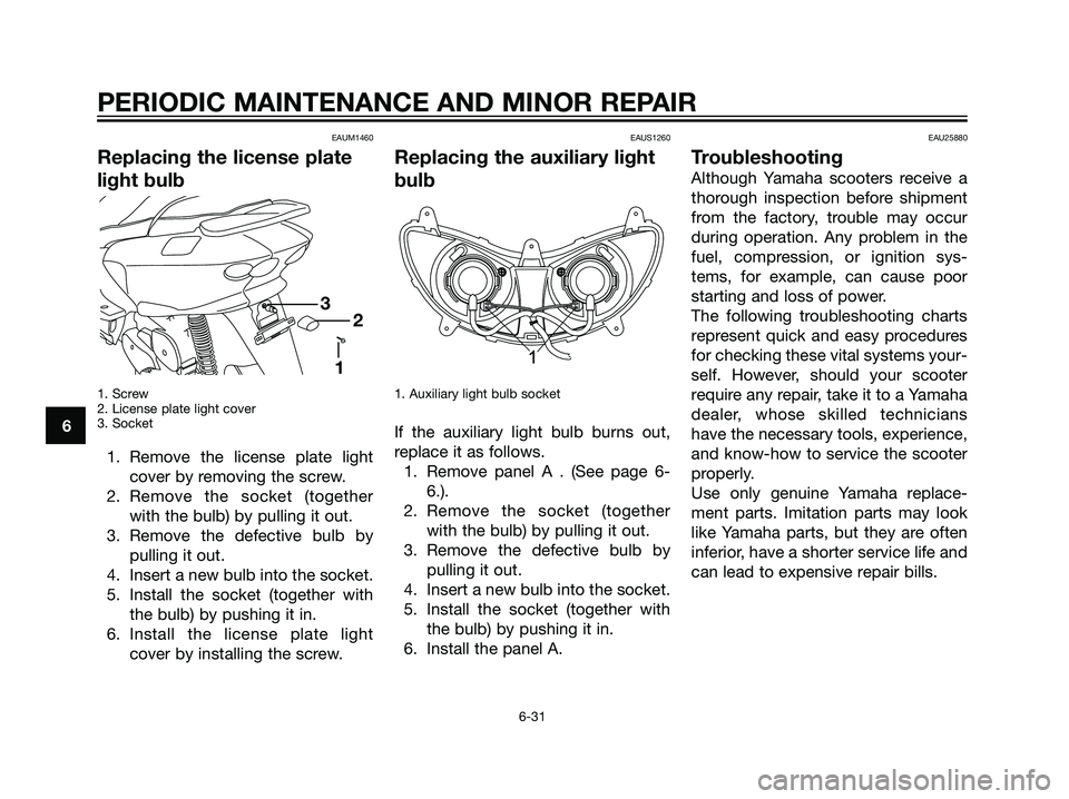 YAMAHA MAJESTY 125 2007 Repair Manual EAUM1460
Replacing the license plate
light bulb
1. Screw
2. License plate light cover
3. Socket
1. Remove the license plate light
cover by removing the screw.
2. Remove the socket (together
with the b