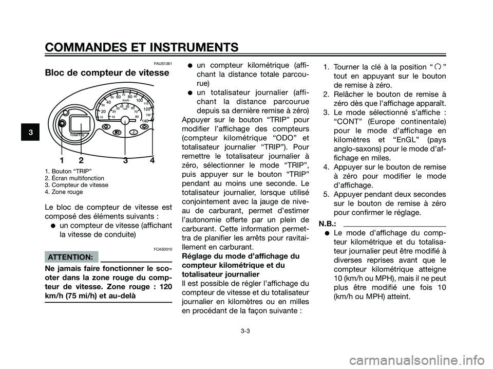 YAMAHA MAJESTY 125 2007  Notices Demploi (in French) FAUS1361
Bloc de compteur de vitesse
1. Bouton “TRIP”
2. Écran multifonction
3. Compteur de vitesse
4. Zone rouge
Le bloc de compteur de vitesse est
composé des éléments suivants :
un compteu