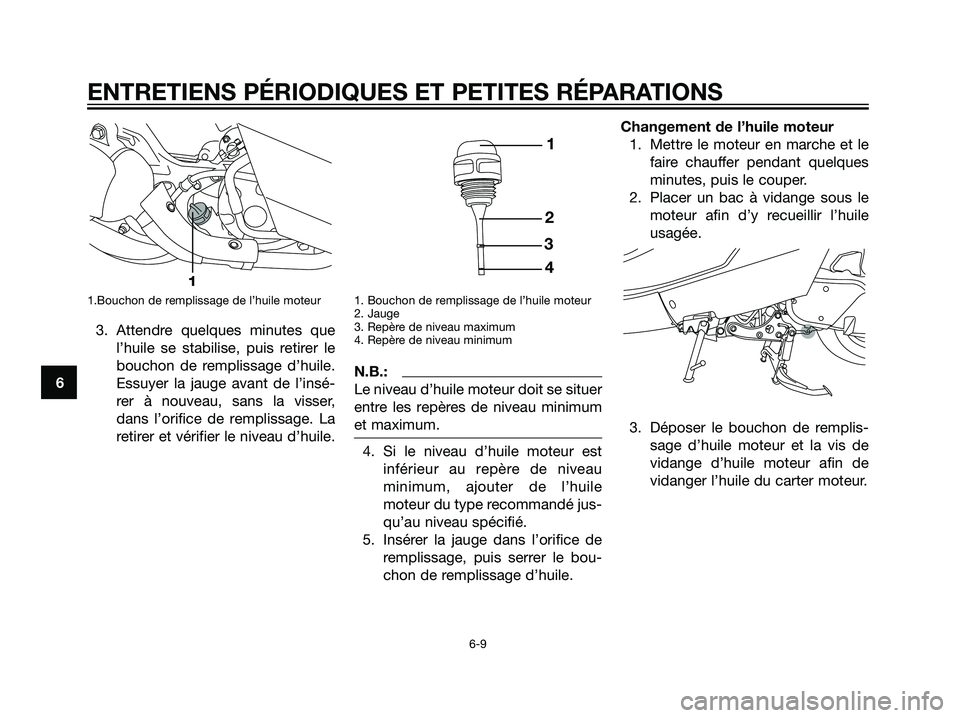 YAMAHA MAJESTY 125 2007  Notices Demploi (in French) 1.Bouchon de remplissage de l’huile moteur
3. Attendre quelques minutes que
l’huile se stabilise, puis retirer le
bouchon de remplissage d’huile.
Essuyer la jauge avant de l’insé-
rer à nouv