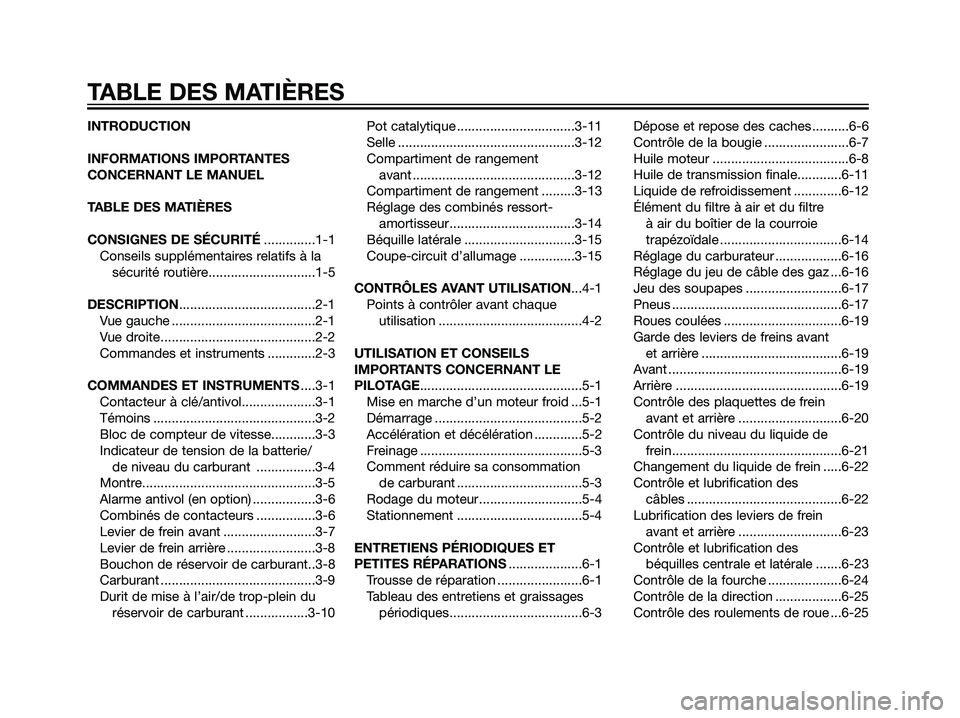 YAMAHA MAJESTY 125 2007 Notices Demploi (in French) INTRODUCTION
INFORMATIONS IMPORTANTES
CONCERNANT LE MANUEL
TABLE DES MATIÈRES
CONSIGNES DE SÉCURITÉ..............1-1
Conseils supplémentaires relatifs à la
sécurité routière................... YAMAHA MAJESTY 125 2007 Notices Demploi (in French) INTRODUCTION
INFORMATIONS IMPORTANTES
CONCERNANT LE MANUEL
TABLE DES MATIÈRES
CONSIGNES DE SÉCURITÉ..............1-1
Conseils supplémentaires relatifs à la
sécurité routière...................