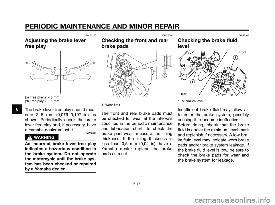 YAMAHA MAJESTY 180 2006 Service Manual EAU22100
Adjusting the brake lever
free play
(b) Free play 2 ~ 5 mm
(d) Free play 2 ~ 5 mm
The brake lever free play should mea-
sure 2~5 mm (0,079~0,197 in) as
shown. Periodically check the brake
lev