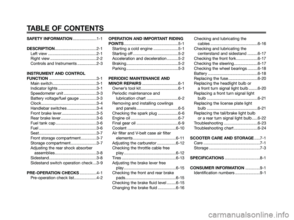 YAMAHA MAJESTY 180 2006  Owners Manual SAFETY INFORMATION.....................1-1
DESCRIPTION.....................................2-1
Left view ...........................................2-1
Right view .....................................