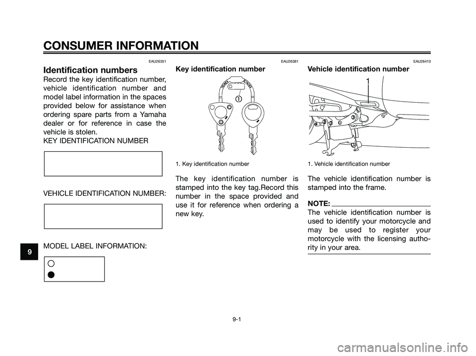 YAMAHA MAJESTY 180 2005 Workshop Manual EAU26351
Identification numbers
Record the key identification number,
vehicle identification number and
model label information in the spaces
provided below for assistance when
ordering spare parts fr YAMAHA MAJESTY 180 2005 Workshop Manual EAU26351
Identification numbers
Record the key identification number,
vehicle identification number and
model label information in the spaces
provided below for assistance when
ordering spare parts fr