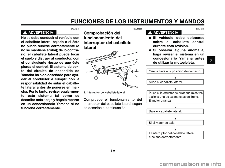 YAMAHA MAJESTY 180 2006  Manuale de Empleo (in Spanish) SWA10240
s s
ADVERTENCIA
No se debe conducir el vehículo con
el caballete lateral bajado o si éste
no puede subirse correctamente (o
no se mantiene arriba); de lo contra-
rio, el caballete lateral p