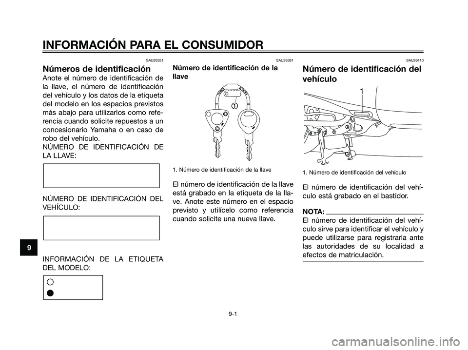YAMAHA MAJESTY 180 2006 Manuale de Empleo (in Spanish) SAU26351
Números de identificación
Anote el número de identificación de
la llave, el número de identificación
del vehículo y los datos de la etiqueta
del modelo en los espacios previstos
más a YAMAHA MAJESTY 180 2006 Manuale de Empleo (in Spanish) SAU26351
Números de identificación
Anote el número de identificación de
la llave, el número de identificación
del vehículo y los datos de la etiqueta
del modelo en los espacios previstos
más a