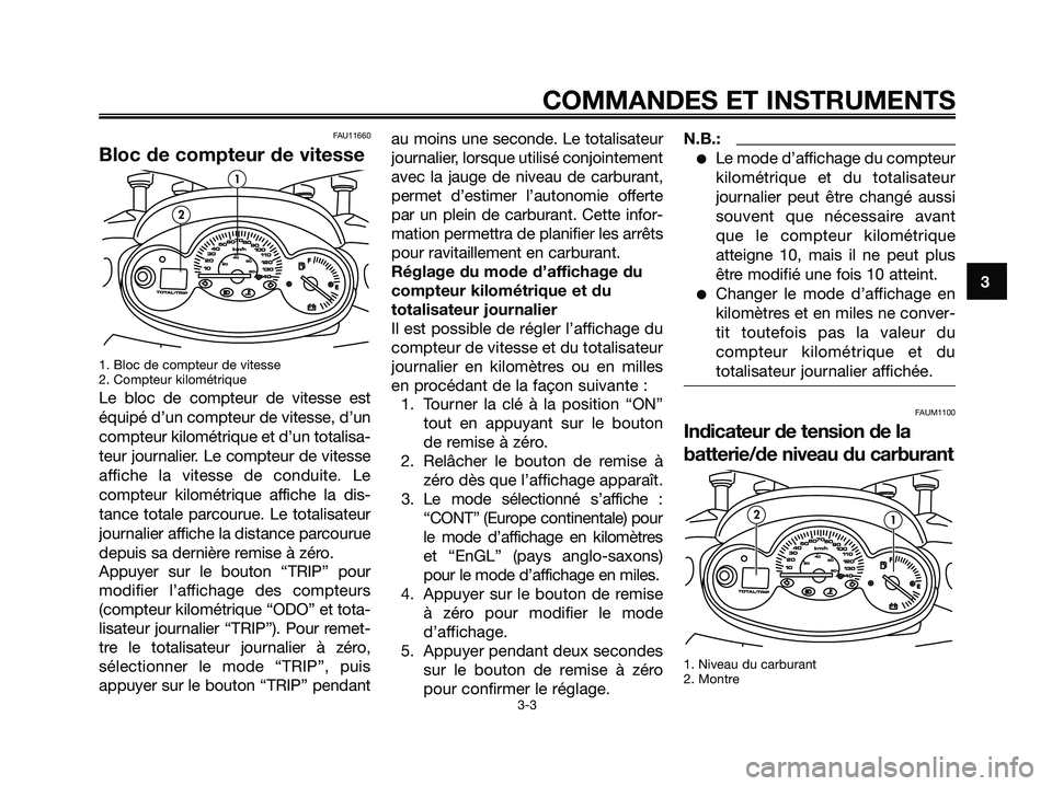 YAMAHA MAJESTY 125 2006  Notices Demploi (in French) FAU11660
Bloc de compteur de vitesse
1. Bloc de compteur de vitesse
2. Compteur kilométrique
Le bloc de compteur de vitesse est
équipé d’un compteur de vitesse, d’un
compteur kilométrique et d