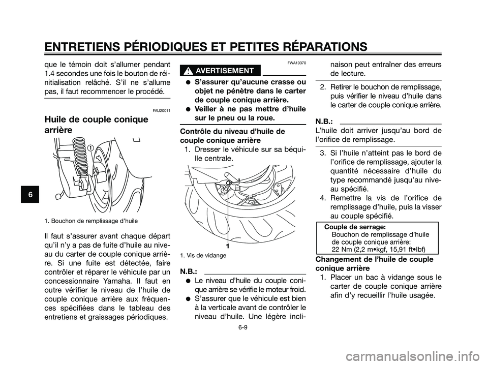 YAMAHA MAJESTY 125 2006  Notices Demploi (in French) que le témoin doit s’allumer pendant
1.4 secondes une fois le bouton de réi-
nitialisation relâché. S’il ne s’allume
pas, il faut recommencer le procédé.
FAU20011
Huile de couple conique
a