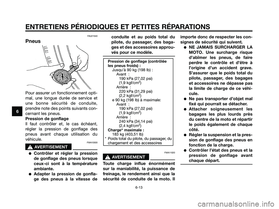 YAMAHA MAJESTY 125 2006  Notices Demploi (in French) FAU21540
Pneus
Pour assurer un fonctionnement opti-
mal, une longue durée de service et
une bonne sécurité de conduite,
prendre note des points suivants con-
cernant les pneus.
Pression de gonflage