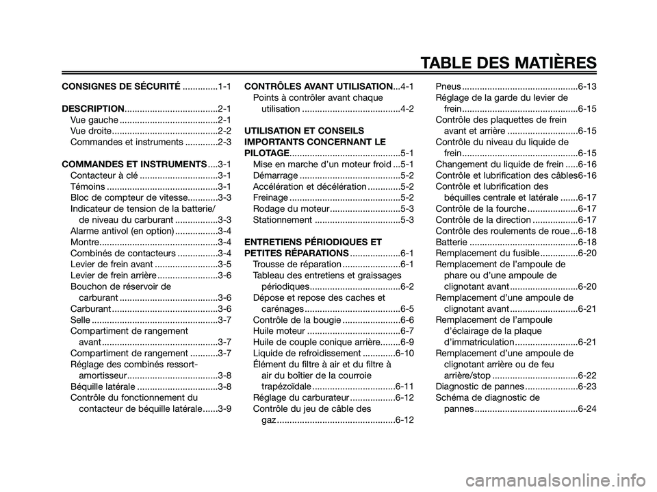YAMAHA MAJESTY 125 2006  Notices Demploi (in French) CONSIGNES DE SÉCURITÉ..............1-1
DESCRIPTION.....................................2-1
Vue gauche .......................................2-1
Vue droite..........................................2