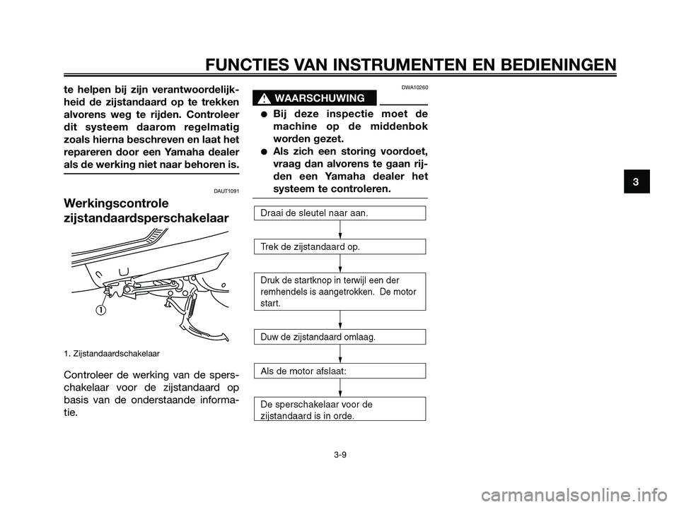 YAMAHA MAJESTY 125 2006  Instructieboekje (in Dutch) te helpen bij zijn verantwoordelijk-
heid de zijstandaard op te trekken
alvorens weg te rijden. Controleer
dit systeem daarom regelmatig
zoals hierna beschreven en laat het
repareren door een Yamaha d