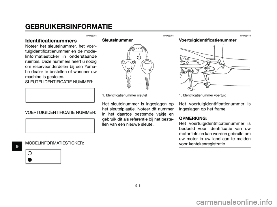 YAMAHA MAJESTY 125 2006  Instructieboekje (in Dutch) DAU26351
Identificatienummers
Noteer het sleutelnummer, het voer-
tuigidentificatienummer en de mode-
linformatiesticker in onderstaande
ruimtes. Deze nummers heeft u nodig
om reserveonderdelen bij ee