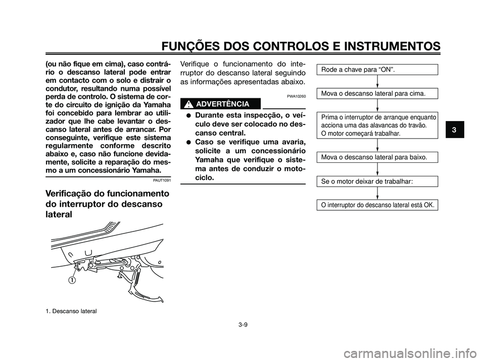 YAMAHA MAJESTY 125 2006  Manual de utilização (in Portuguese) (ou não fique em cima), caso contrá-
rio o descanso lateral pode entrar
em contacto com o solo e distrair o
condutor, resultando numa possível
perda de controlo. O sistema de cor-
te do circuito de