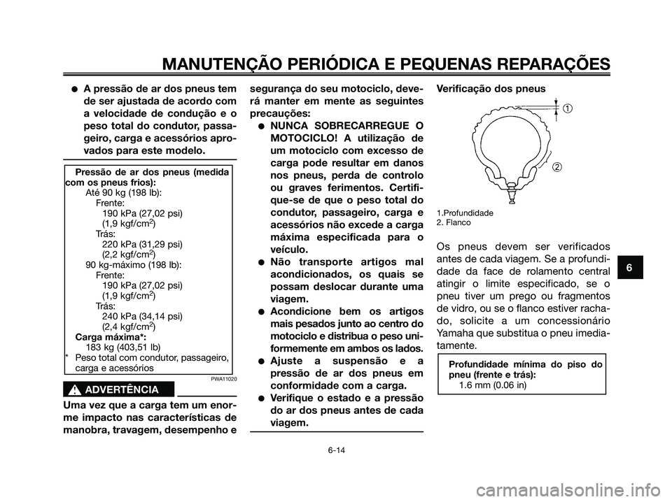 YAMAHA MAJESTY 125 2006  Manual de utilização (in Portuguese) A pressão de ar dos pneus tem
de ser ajustada de acordo com
a velocidade de condução e o
peso total do condutor, passa-
geiro, carga e acessórios apro-
vados para este modelo.
PWA11020
s s
ADVERT
