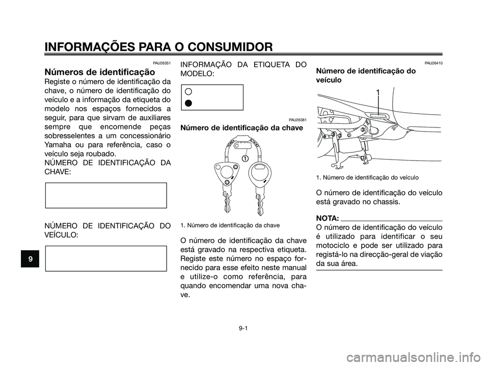 YAMAHA MAJESTY 125 2006 Manual de utilização (in Portuguese) PAU26351
Números de identificação
Registe o número de identificação da
chave, o número de identificação do
veículo e a informação da etiqueta do
modelo nos espaços fornecidos a
seguir, pa YAMAHA MAJESTY 125 2006 Manual de utilização (in Portuguese) PAU26351
Números de identificação
Registe o número de identificação da
chave, o número de identificação do
veículo e a informação da etiqueta do
modelo nos espaços fornecidos a
seguir, pa