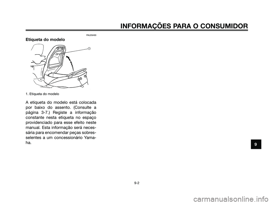 YAMAHA MAJESTY 125 2006 Manual de utilização (in Portuguese) PAU26490
Etiqueta do modelo
1. Etiqueta do modelo
A etiqueta do modelo está colocada
por baixo do assento. (Consulte a
página 3-7.) Registe a informação
constante nesta etiqueta no espaço
provide YAMAHA MAJESTY 125 2006 Manual de utilização (in Portuguese) PAU26490
Etiqueta do modelo
1. Etiqueta do modelo
A etiqueta do modelo está colocada
por baixo do assento. (Consulte a
página 3-7.) Registe a informação
constante nesta etiqueta no espaço
provide