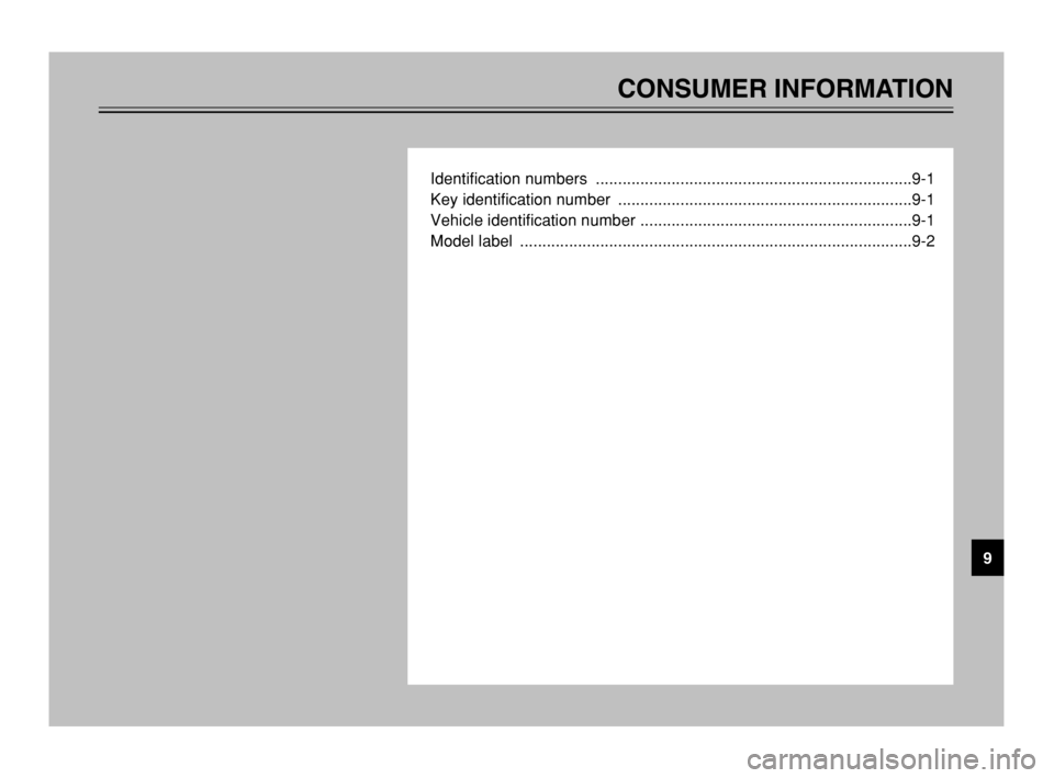 YAMAHA MAJESTY 250 2003 User Guide CONSUMER INFORMATION
Identification numbers  .......................................................................9-1
Key identification number  .....................................................