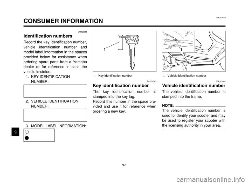 YAMAHA MAJESTY 250 2003 User Guide 9-1
EAU01039
CONSUMER INFORMATION
9
EAU02944
Identification numbersIdentification numbersRecord the key identification number,
vehicle identification number and
model label information in the spaces
p