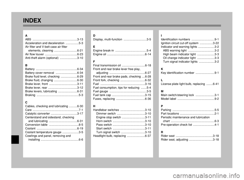 YAMAHA MAJESTY 250 2003  Owners Manual INDEX
D
Display, multi-function  ............................3-5
E
Engine break-in  ......................................5-4
Engine oil ..............................................6-14
F
Final tran