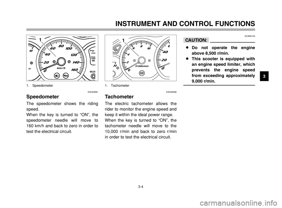 YAMAHA MAJESTY 250 2003  Owners Manual 3-4
INSTRUMENT AND CONTROL FUNCTIONS
3
EAU04581
SpeedometerSpeedometerThe speedometer shows the riding
speed.
When the key is turned to “ON”, the
speedometer needle will move to 
160 km/h and back