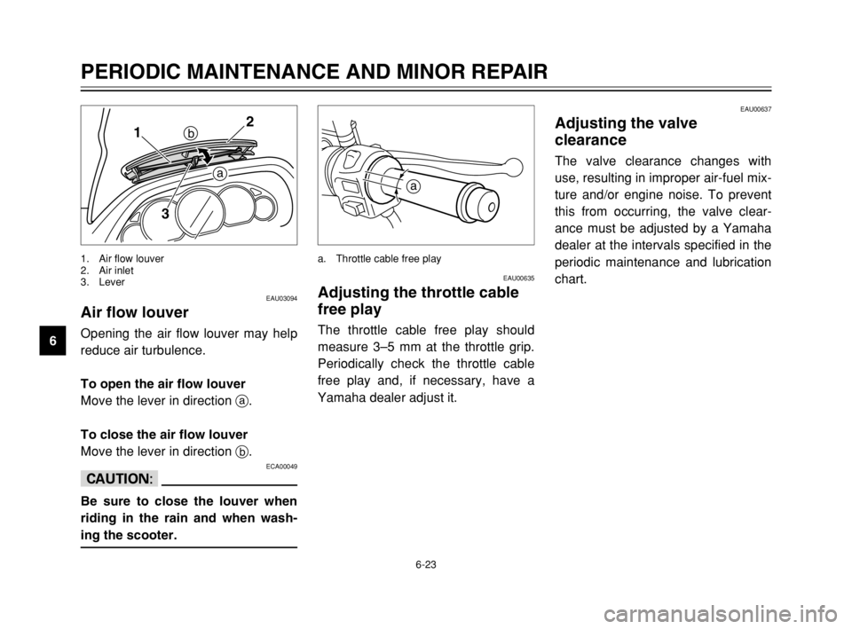 YAMAHA MAJESTY 250 2003 Manual PDF 6-23
PERIODIC MAINTENANCE AND MINOR REPAIR
6
EAU03094
Air flow louverAir flow louverOpening the air flow louver may help
reduce air turbulence.
To open the air flow louver
Move the lever in direction YAMAHA MAJESTY 250 2003 Manual PDF 6-23
PERIODIC MAINTENANCE AND MINOR REPAIR
6
EAU03094
Air flow louverAir flow louverOpening the air flow louver may help
reduce air turbulence.
To open the air flow louver
Move the lever in direction