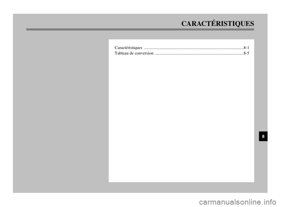 YAMAHA MAJESTY 250 2003  Notices Demploi (in French) CARACTÉRISTIQUES
Caractéristiques .............................................................................................8-1
Tableau de conversion  ............................................