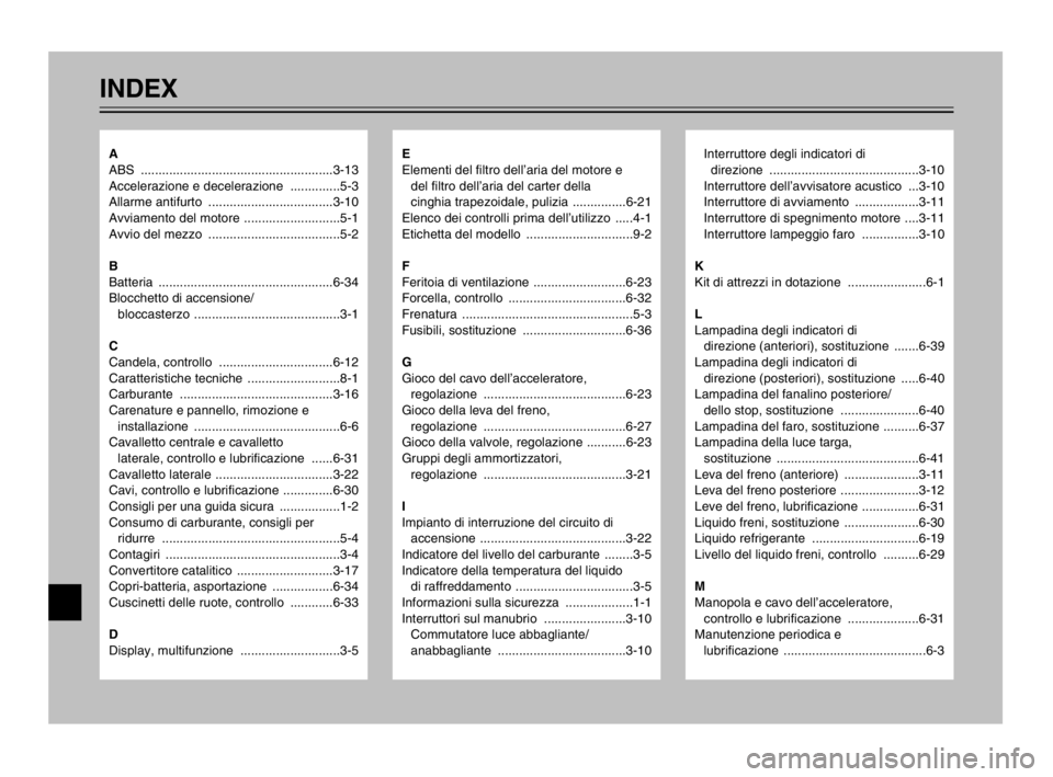 YAMAHA MAJESTY 250 2003  Manuale duso (in Italian) INDEX
E
Elementi del filtro dell’aria del motore e
del filtro dell’aria del carter della 
cinghia trapezoidale, pulizia  ...............6-21
Elenco dei controlli prima dell’utilizzo .....4-1
Eti