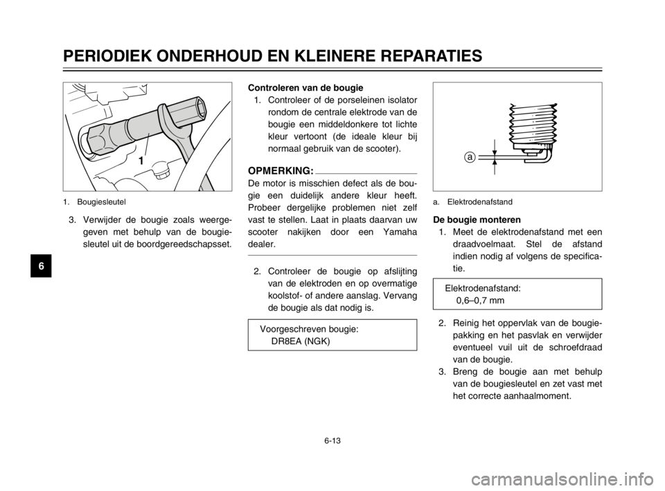 YAMAHA MAJESTY 250 2003  Instructieboekje (in Dutch) 6-13
PERIODIEK ONDERHOUD EN KLEINERE REPARATIES
6
3. Verwijder de bougie zoals weerge-
geven met behulp van de bougie-
sleutel uit de boordgereedschapsset.
1
1. Bougiesleutel
De bougie monteren
1. Mee