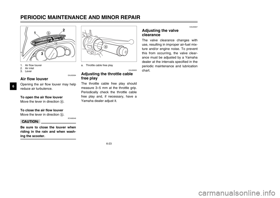 YAMAHA MAJESTY 250 2002 Manual PDF 6-23
PERIODIC MAINTENANCE AND MINOR REPAIR
6
EAU03094
Air flow louverAir flow louverOpening the air flow louver may help
reduce air turbulence.
To open the air flow louver
Move the lever in direction YAMAHA MAJESTY 250 2002 Manual PDF 6-23
PERIODIC MAINTENANCE AND MINOR REPAIR
6
EAU03094
Air flow louverAir flow louverOpening the air flow louver may help
reduce air turbulence.
To open the air flow louver
Move the lever in direction